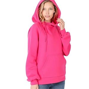 ZENANA • Hot Pink Side Tie Longline Hoodie with Kangaroo Pocket